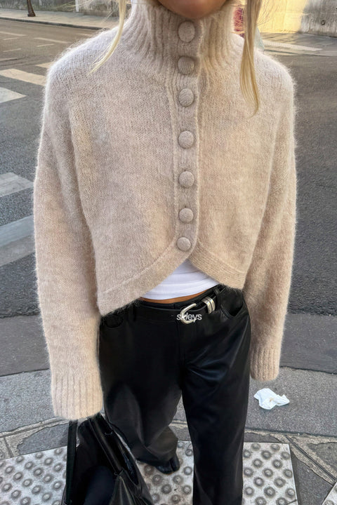 Cropped High-Neck Knit Cardigan