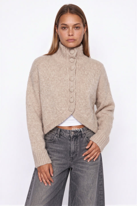 Cropped High-Neck Knit Cardigan