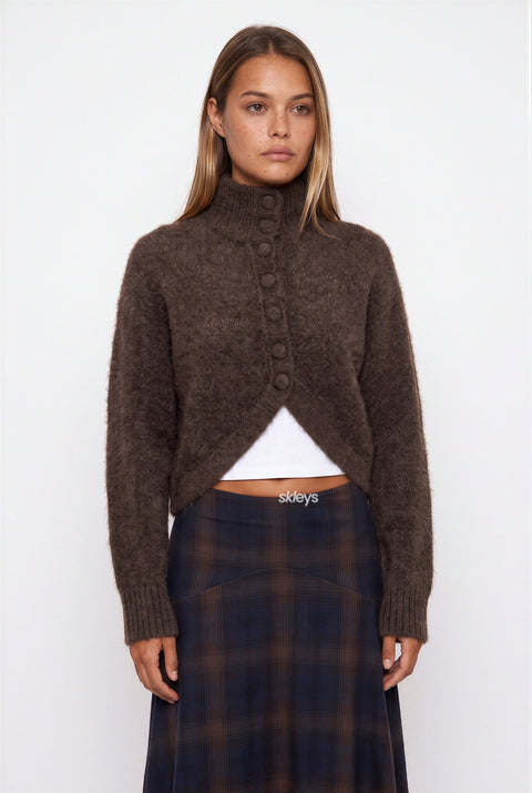 Cropped High-Neck Knit Cardigan
