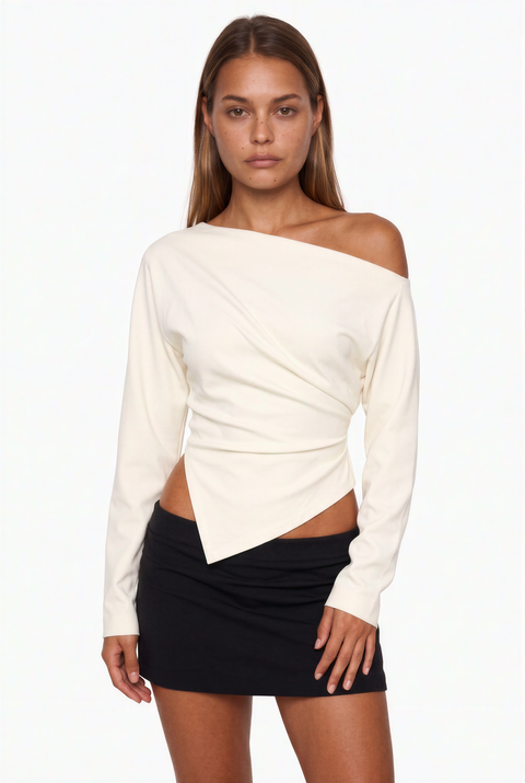 Ivory Wrap-Effect Long Sleeve Top