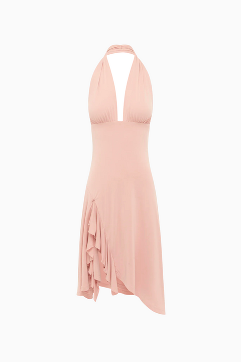 Hellblaues Midikleid mit Rüschen und Neckholder-Ausschnitt