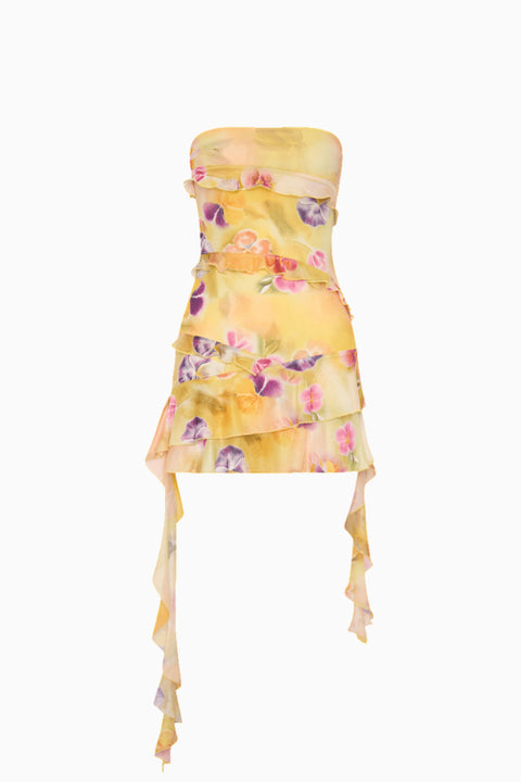 Robe bustier courte à volants florale jaune