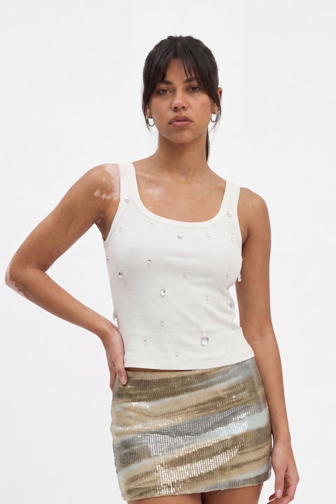 White Teardrop Crystal Embellished Ribbed Tank Top