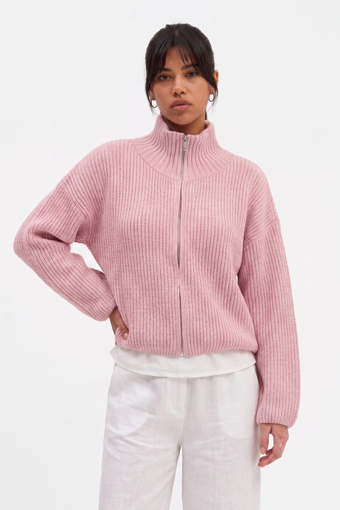 Cardigan en maille côtelée à col montant et fermeture éclair intégrale
