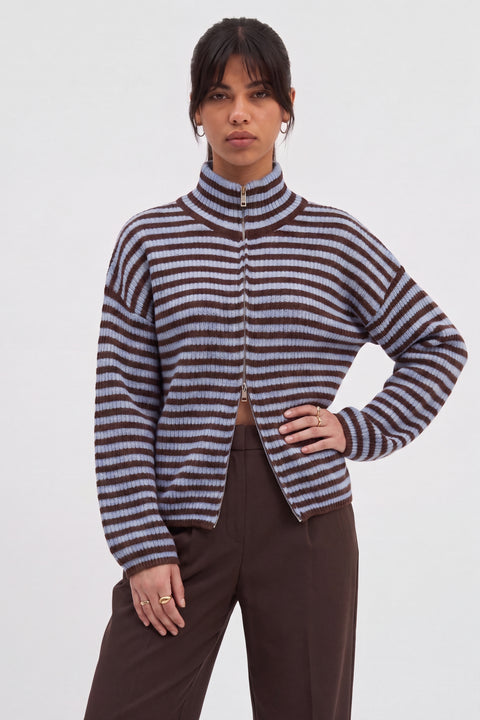 Cardigan en maille côtelée à col montant et fermeture éclair intégrale