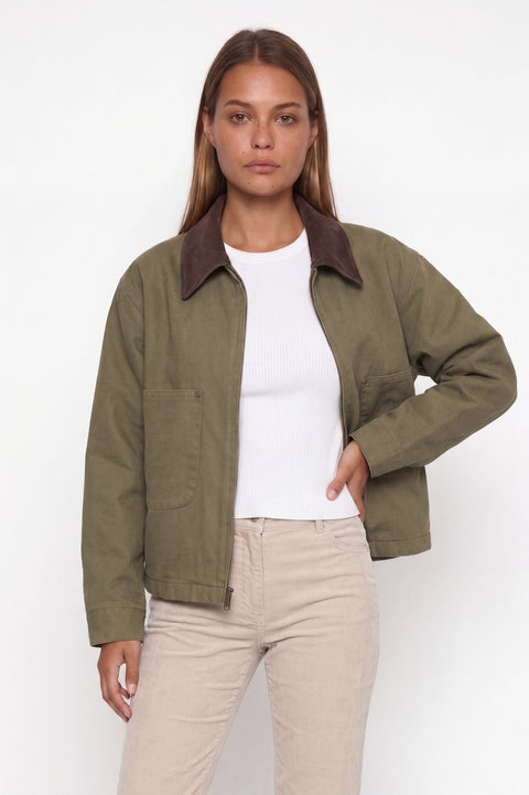 Olivgrüne Arbeitsjacke mit Cordkragen