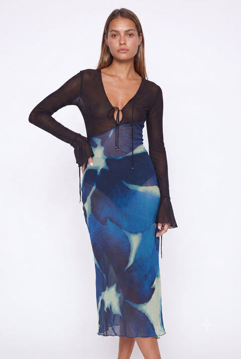 Robe longue en tulle à fleurs avec liens Blue Lagoon