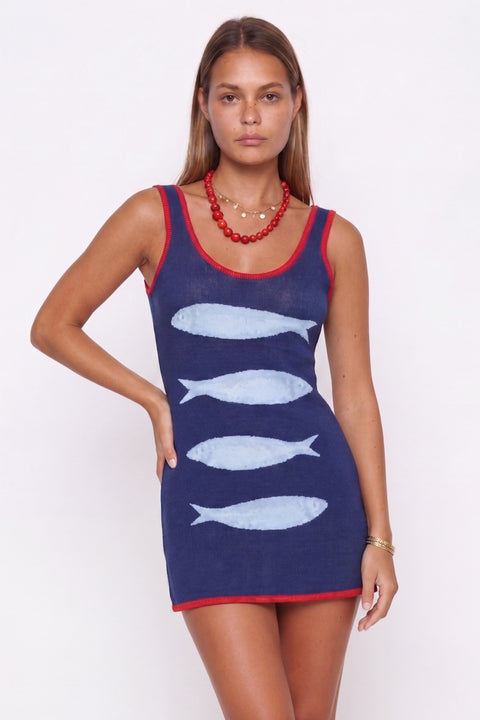 Abito corto in maglia con stampa di sardine