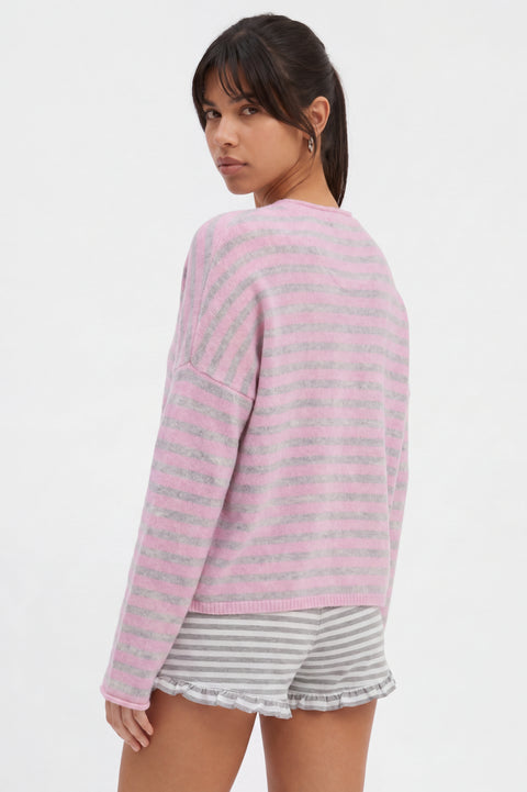 Cozy striped cashmere-blend cardigan, pink and gray