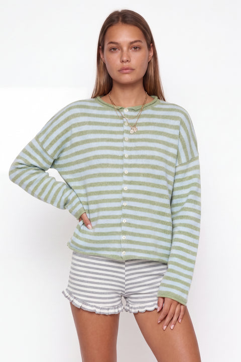 Cozy striped cashmere-blend cardigan, pink and gray