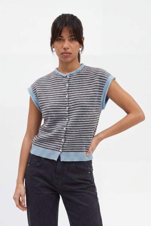 Cardigan smanicato in misto cashmere a righe - malva e marrone scuro