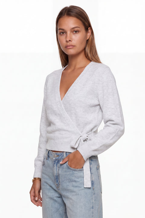 Grauer V-Ausschnitt-Wickelpullover aus Strick