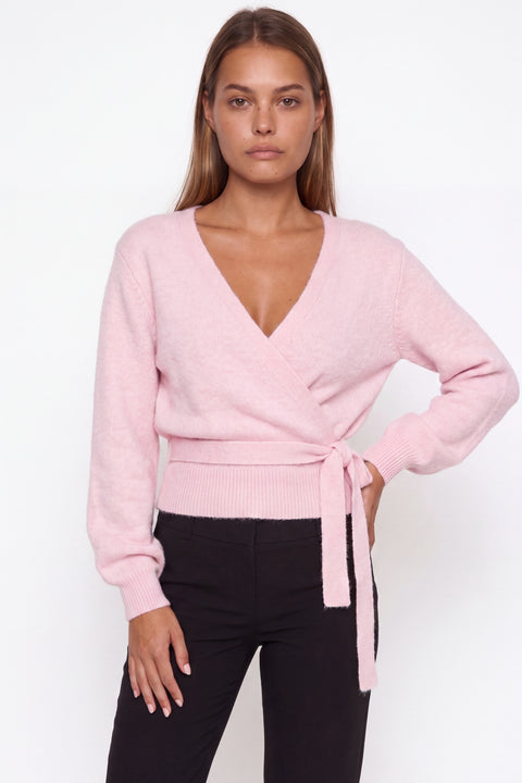 Grauer V-Ausschnitt-Wickelpullover aus Strick