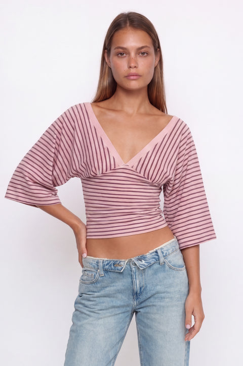 Rosa gestreiftes Crop-Top mit V-Ausschnitt