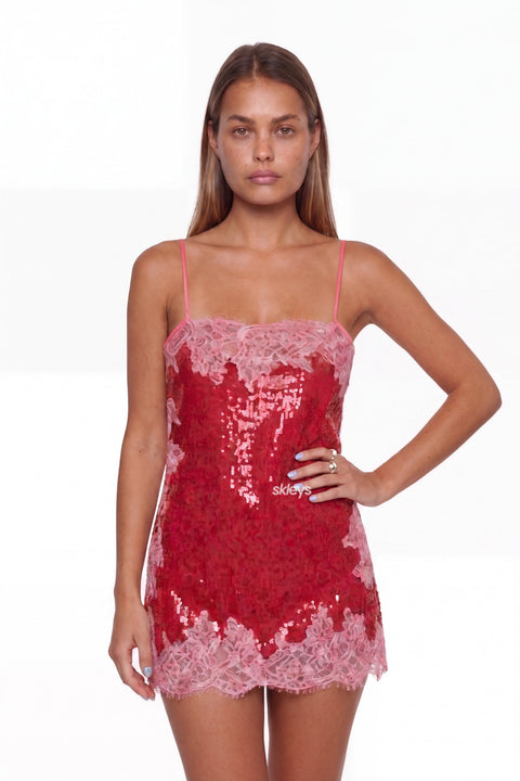Scarlet Lace Trim Sequin Mini Dress