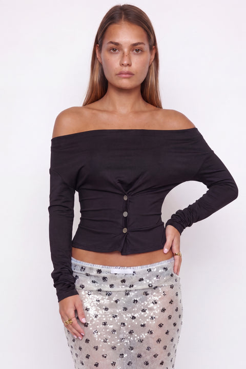 Carmen-Top mit Knopfleiste und langen Ärmeln