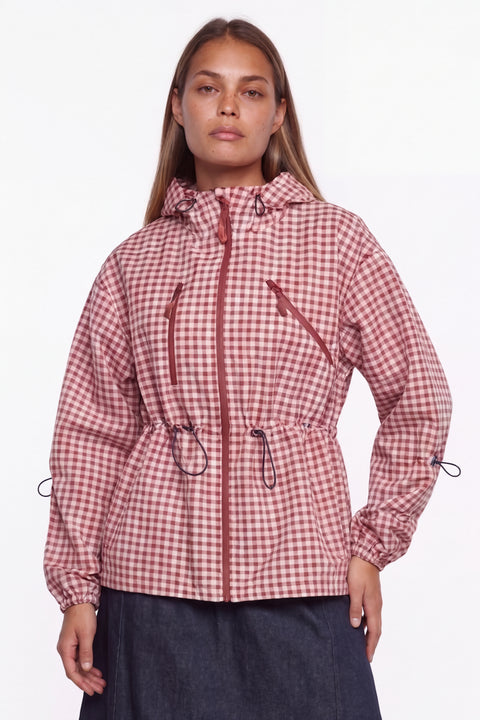 Gingham-Check-Hoodie-Utility-Jacke mit Reißverschluss