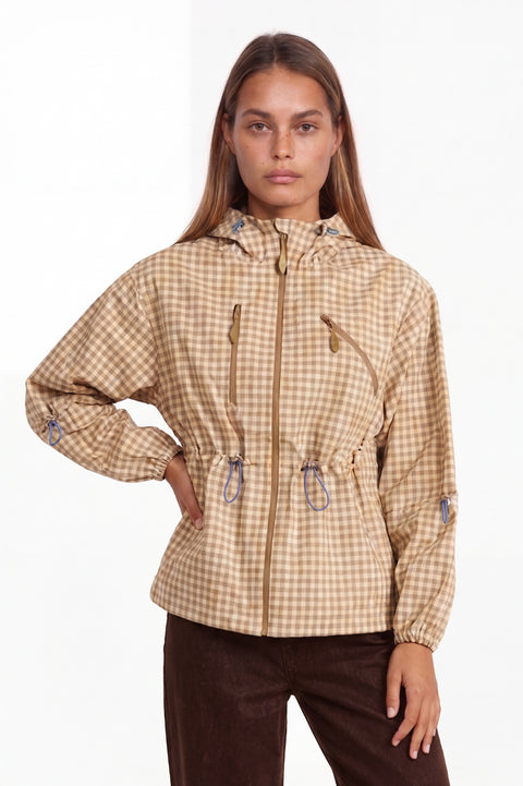 Gingham-Check-Hoodie-Utility-Jacke mit Reißverschluss