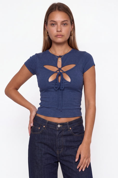 Top blu navy mélange da donna con motivo a petali