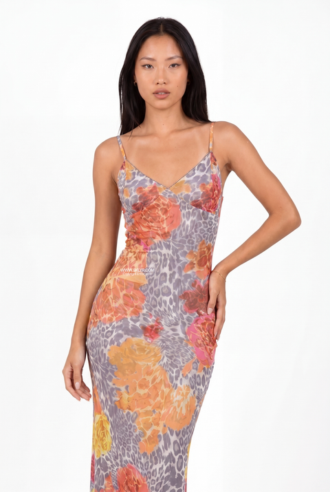Maxikleid im Schlupfstil mit Blumen- und Animal-Print