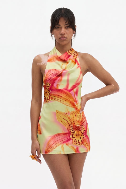 Tropisches Blumen-Orchideen-Neckholder-Minikleid