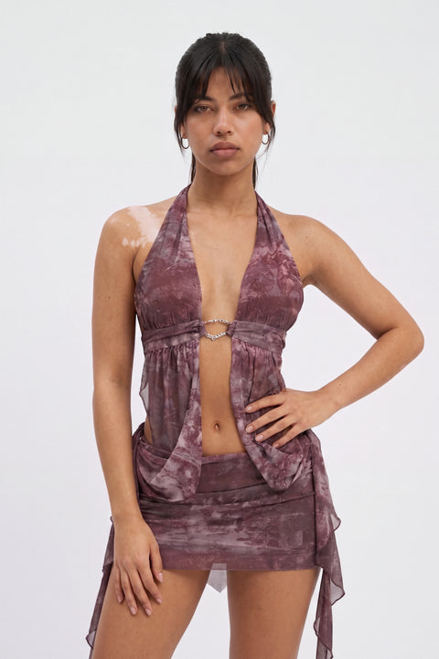 Conjunto Purple Haze com decote profundo e tecido drapeado