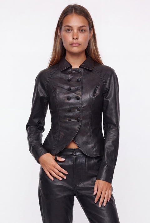 Veste perfecto cintrée à double boutonnage en similicuir noir