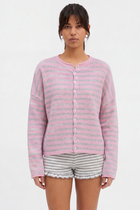 Cozy striped cashmere-blend cardigan, pink and gray