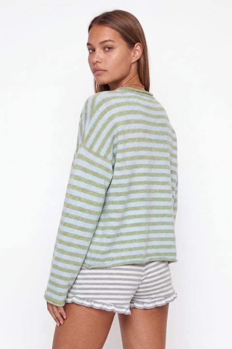 Cozy striped cashmere-blend cardigan, pink and gray