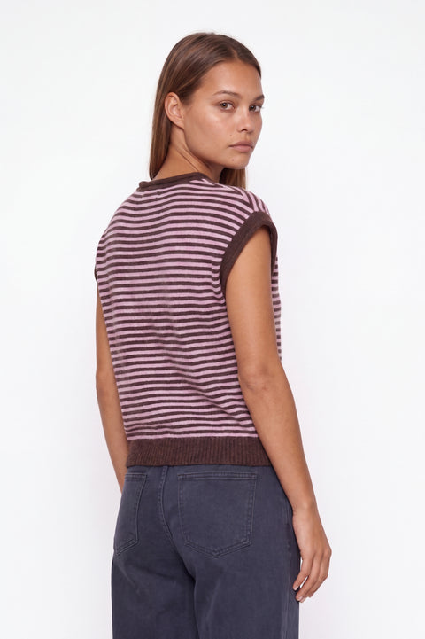 Cardigan smanicato in misto cashmere a righe - malva e marrone scuro
