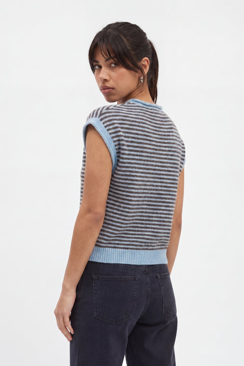 Cardigan smanicato in misto cashmere a righe - malva e marrone scuro