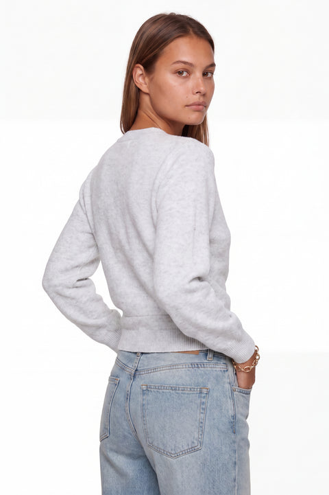 Grauer V-Ausschnitt-Wickelpullover aus Strick