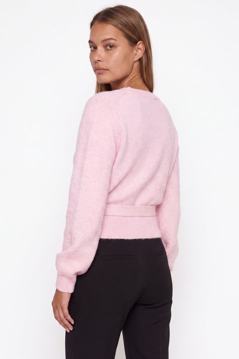 Grauer V-Ausschnitt-Wickelpullover aus Strick