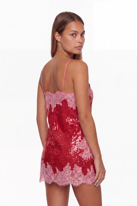 Scarlet Lace Trim Sequin Mini Dress
