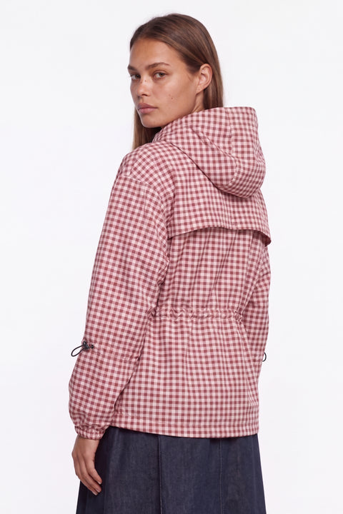 Gingham-Check-Hoodie-Utility-Jacke mit Reißverschluss