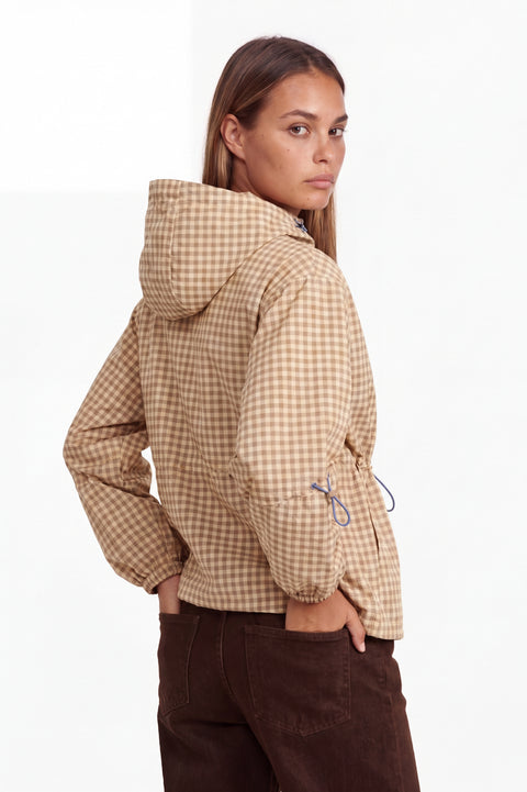 Gingham-Check-Hoodie-Utility-Jacke mit Reißverschluss