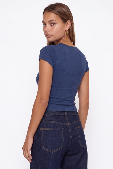 Top blu navy mélange da donna con motivo a petali
