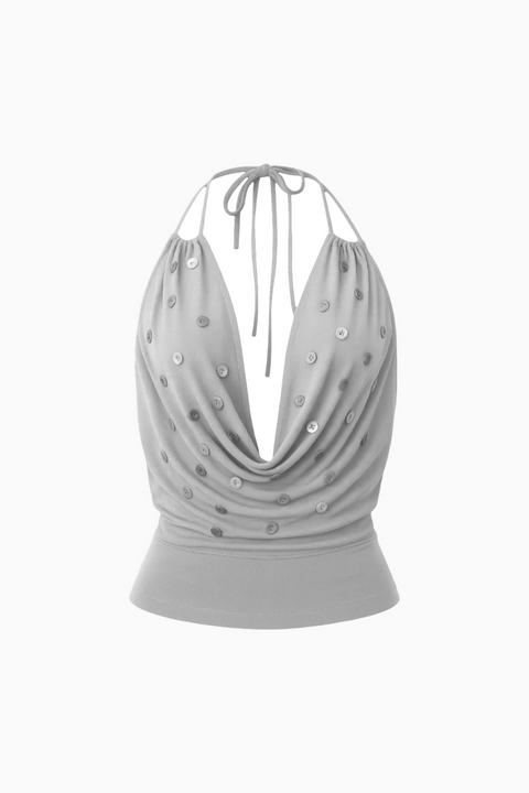 Top cinzento com decote em V profundo e drapeado, estilo halter